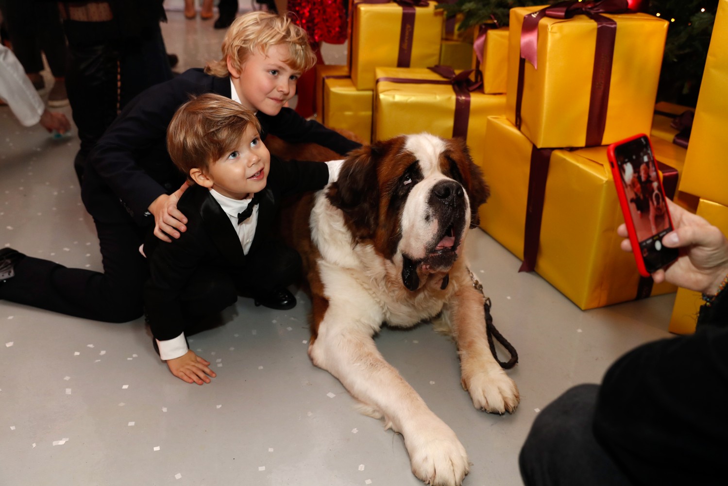 Дети с удовольствием фотографировались с огромным сенбернаром, ведь следующий год - Желтой собаки.
