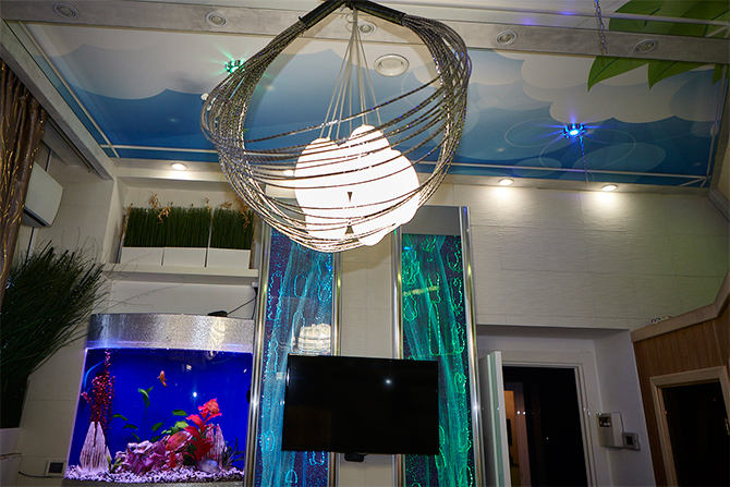 В стеклянных стенах там течет вода, а атмосферу умиротворения создает аквариум